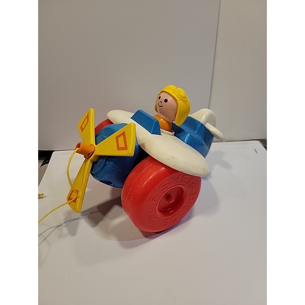Vintage 1980s Fisher Price Plane Plastic Helicopter Airplane Pull Toy